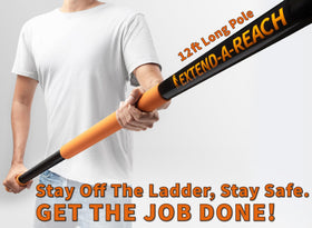 EXTEND-A-REACH collapsible rake deployed at full length for high roof cleaning.