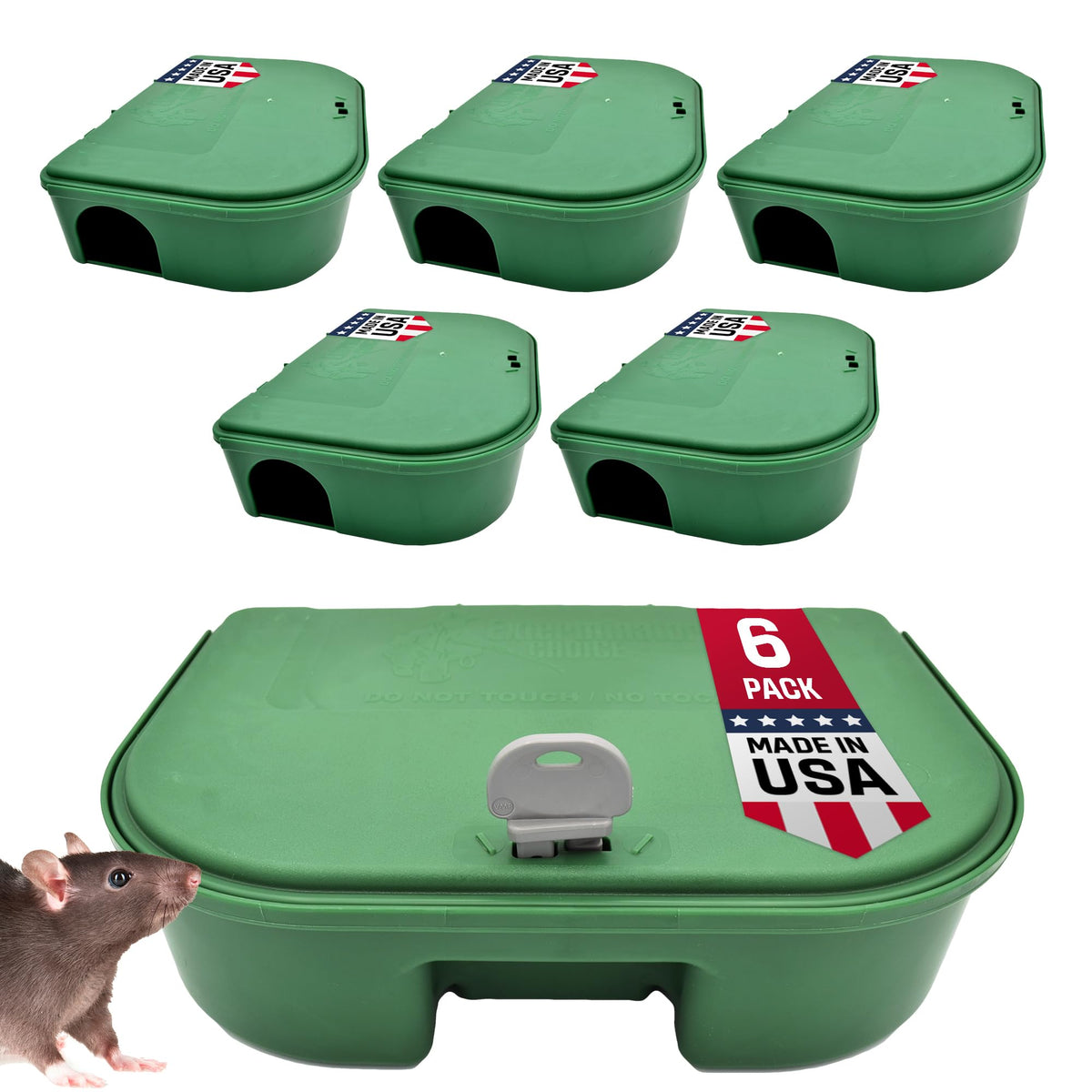 Exterminators Choice six-pack rat bait stations for versatile indoor and outdoor pest control.