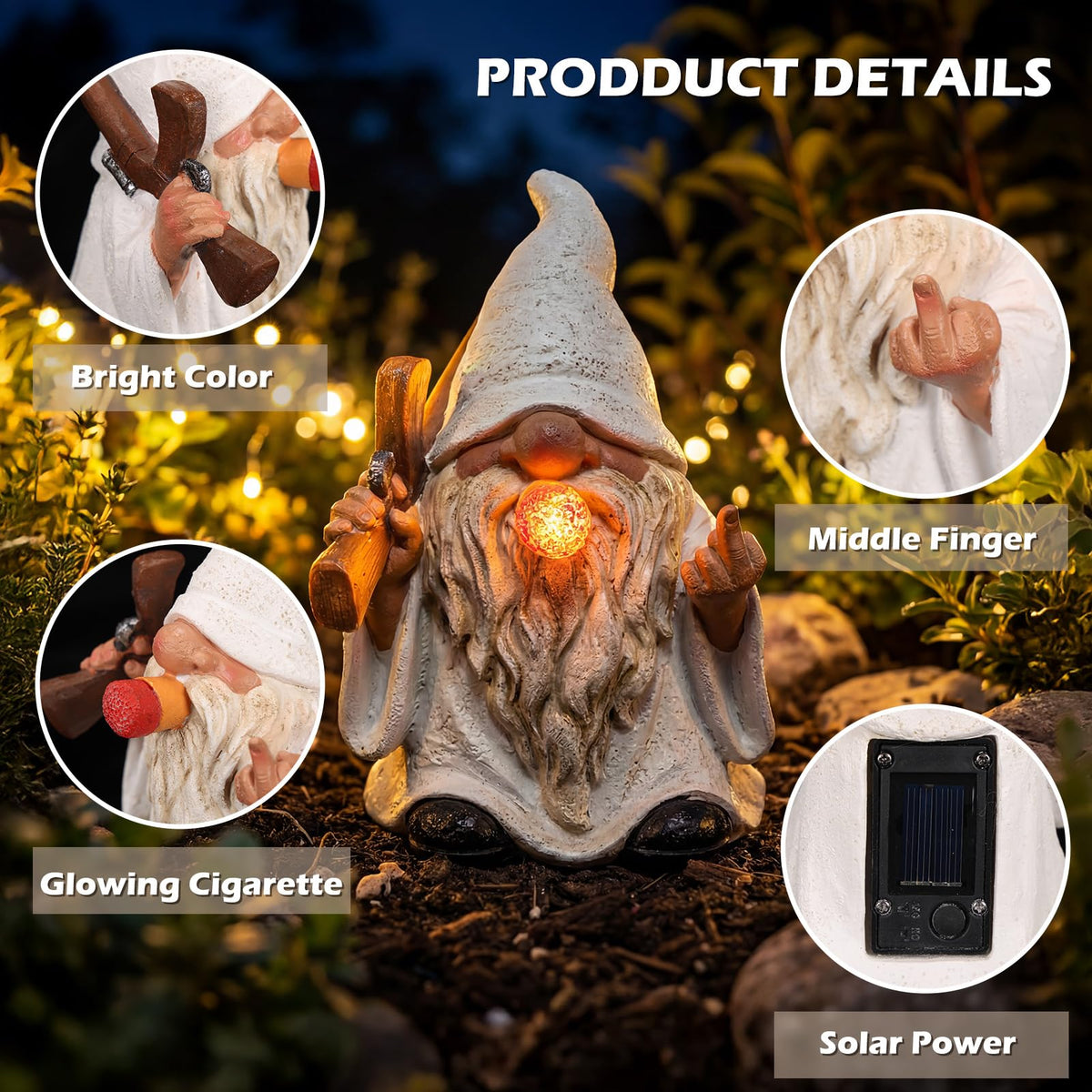 EXYGLO gnome-lit cigar night glow enhances garden ambience after sunset.