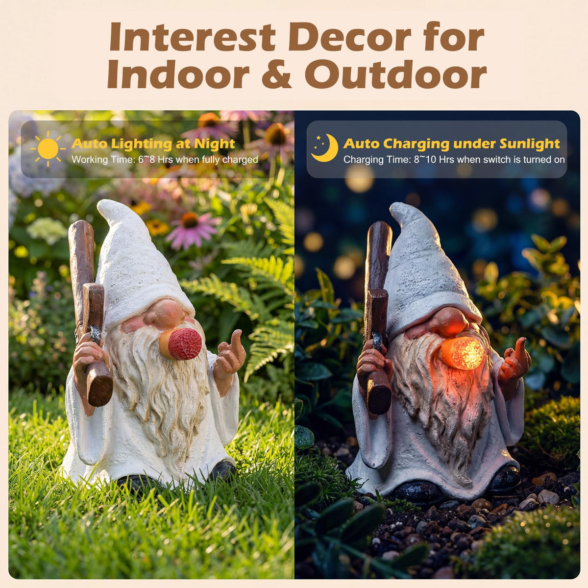 EXYGLO gnome on patio adds personality to outdoor spaces and shelves.