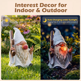 EXYGLO gnome on patio adds personality to outdoor spaces and shelves.