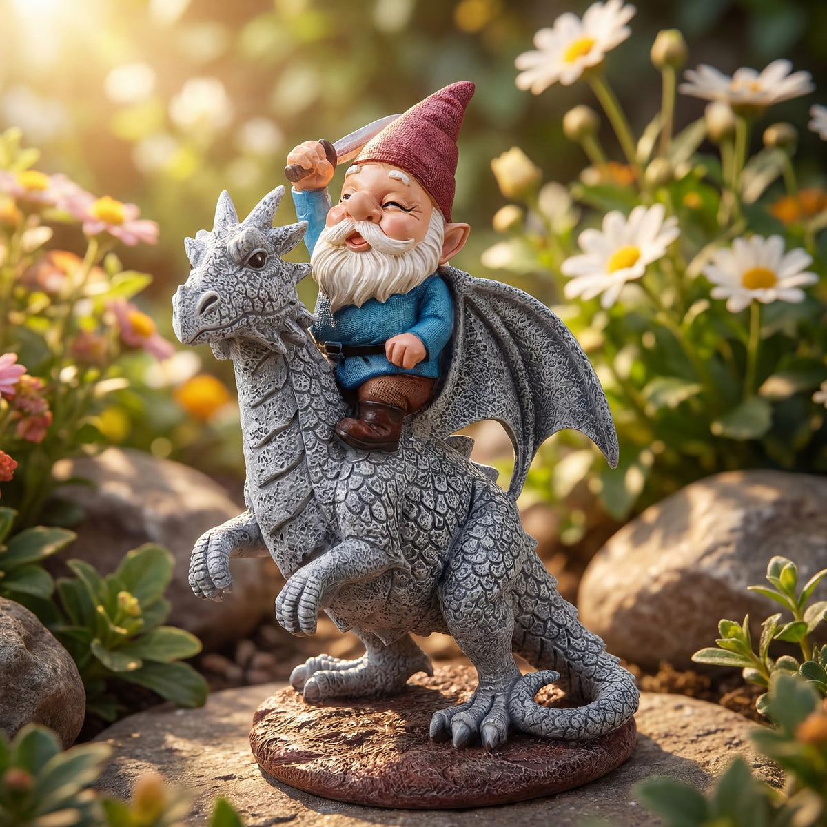 EXYGLO gnome riding dragon outdoor statue enhances garden focal point with fantasy charm.