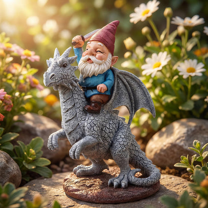 EXYGLO gnome riding dragon outdoor statue enhances garden focal point with fantasy charm.