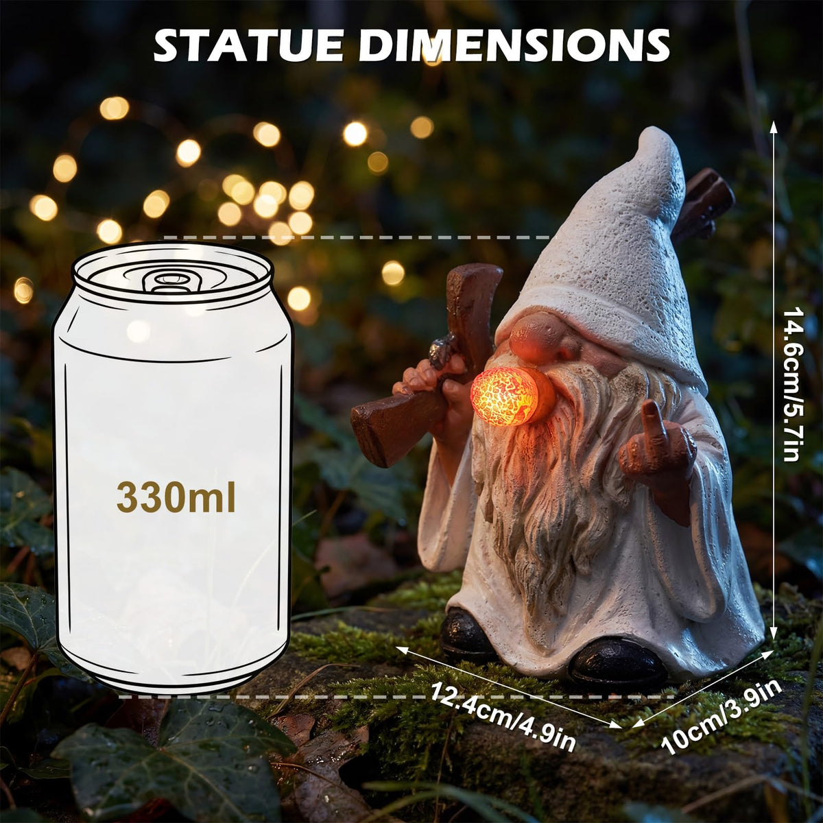 EXYGLO middle-finger gnome with cigar lights up at night for whimsical outdoor decor.