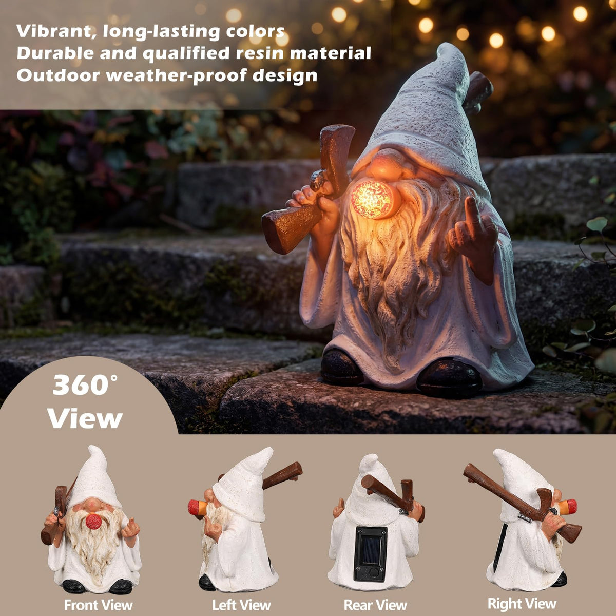 EXYGLO polystone weatherproof gnome withstands rain and frost for year-round display.