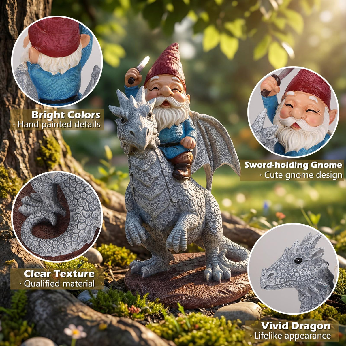 EXYGLO gnome-on-dragon decor suits patios and lawns for whimsical, durable yard display.