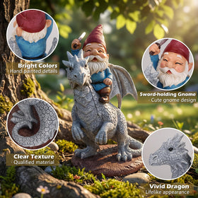 EXYGLO gnome-on-dragon decor suits patios and lawns for whimsical, durable yard display.