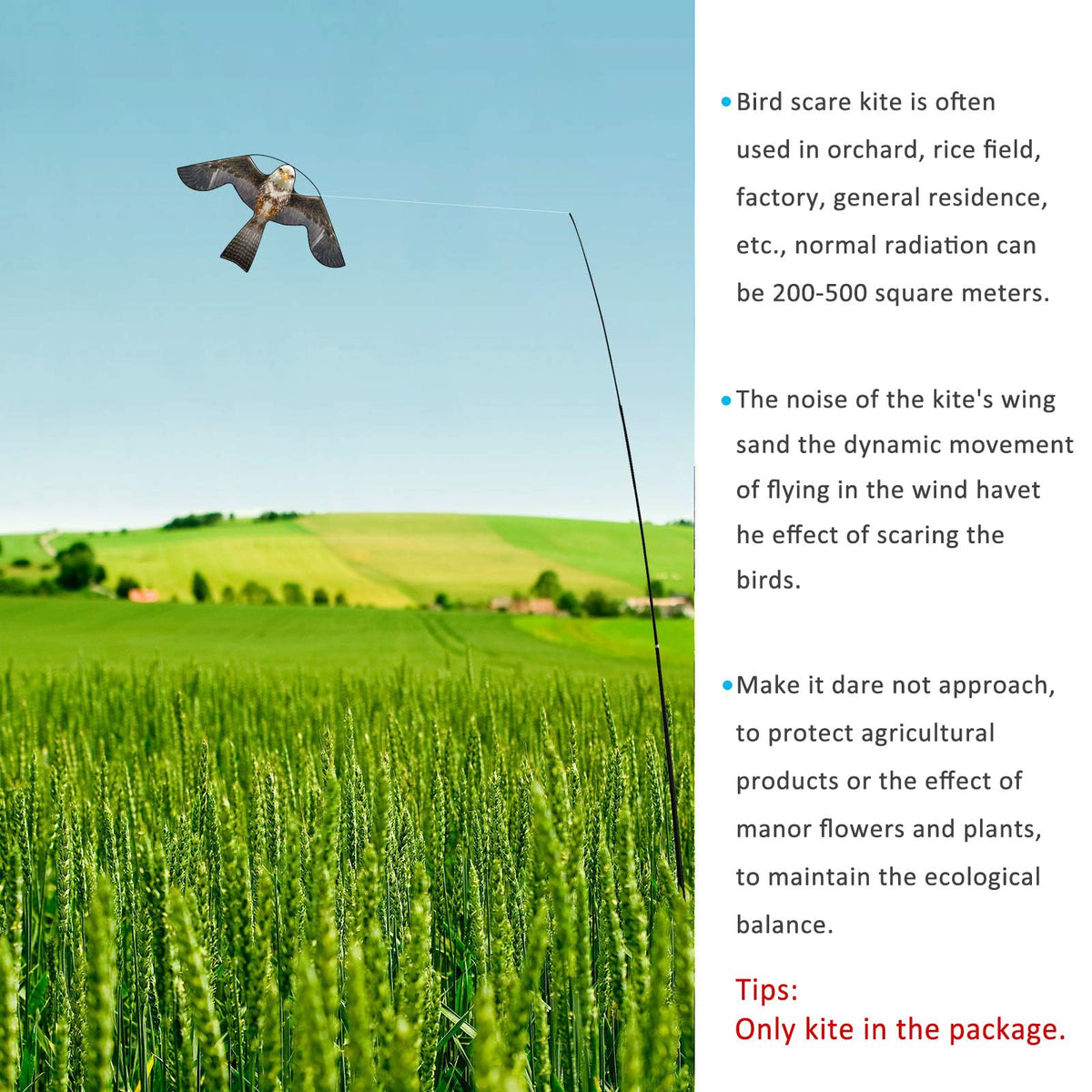 Eyijklzo grey bird scarer kite on adjustable pole deterring pests in farm fields