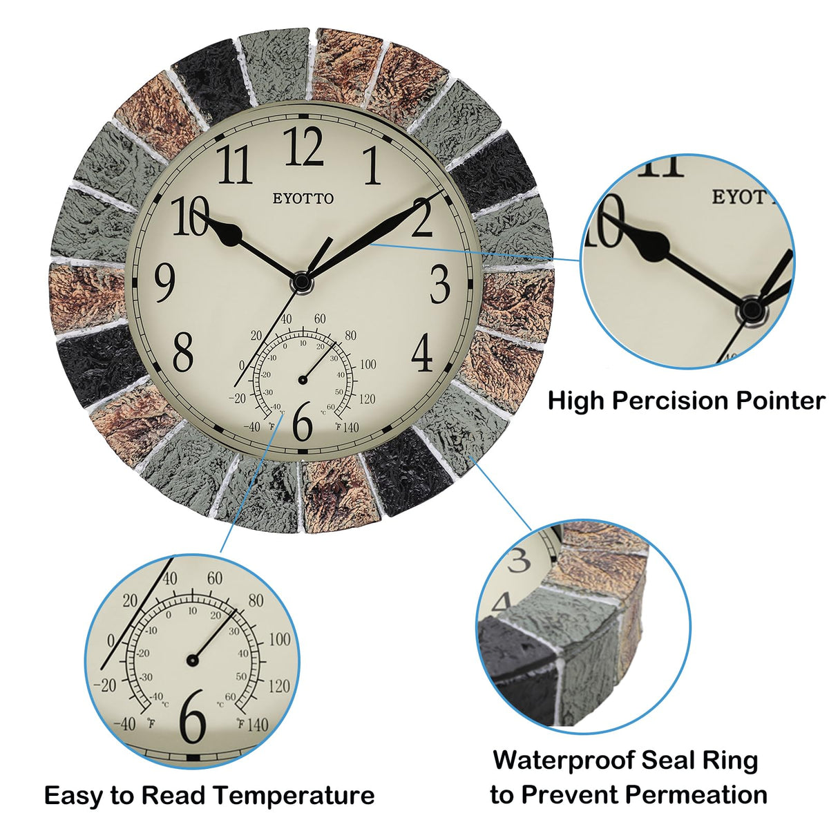 eYotto wall clock built-in thermometer for indoor and outdoor temperature readings