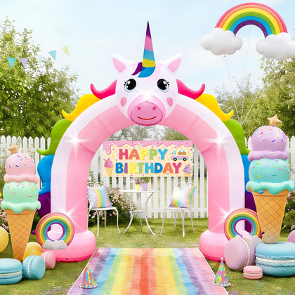 Eyourlife 10ft unicorn arch in garden creates magical outdoor photo backdrop.