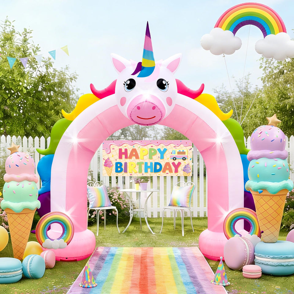 Eyourlife 10ft unicorn arch in garden creates magical outdoor photo backdrop.