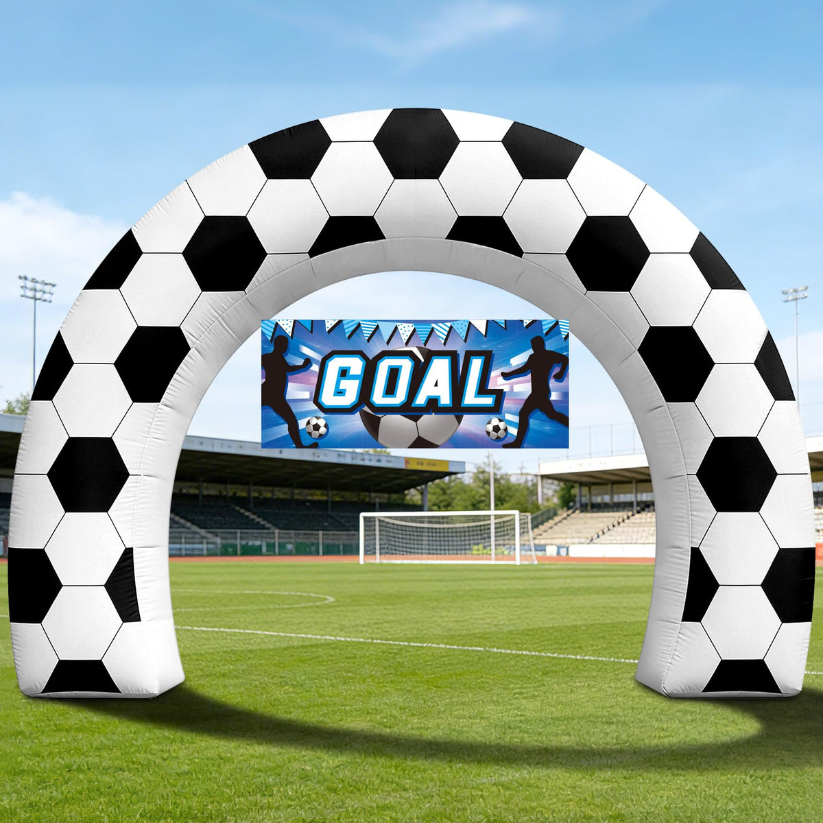Eyourlife 8ft soccer arch with GOAL banner creates a vibrant match-day photo backdrop