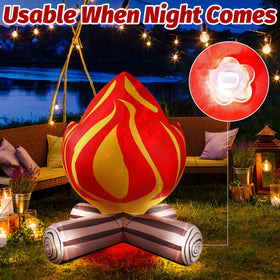 Eyourlife campfire inflatable at night with LED flame lights for warm ambiance.