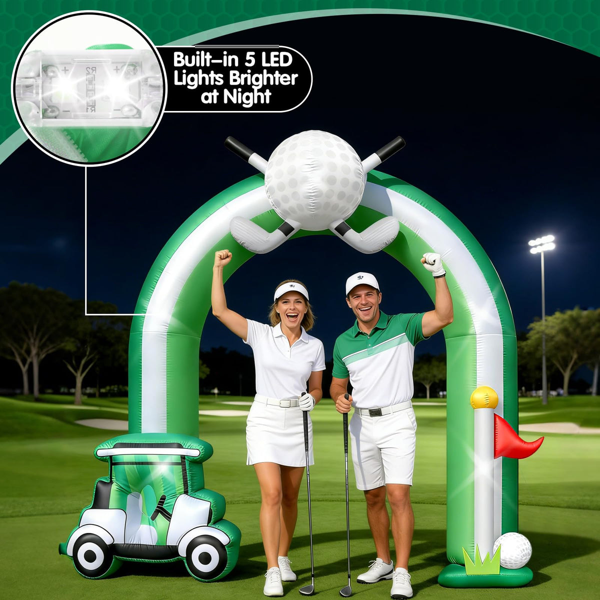 Eyourlife built-in LEDs illuminate the arch for night golf celebrations