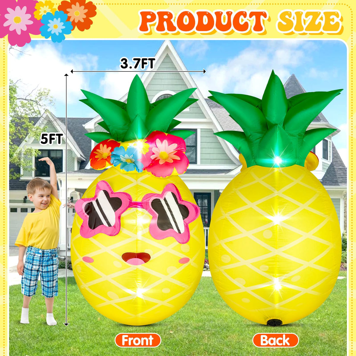 Eyourlife pineapple inflatable with four LED lights illuminates nighttime gatherings.