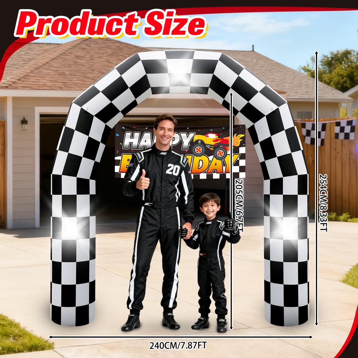 Eyourlife race car inflatable arch with LED lights creates dramatic night ambiance.