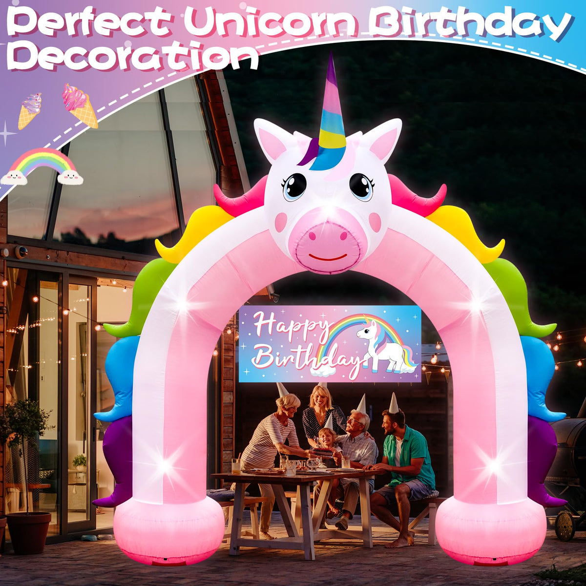 Eyourlife unicorn arch glowing at night enhances outdoor ambiance.