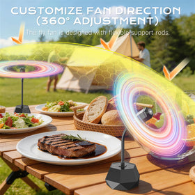 Eyriolya fly fans with rotating reflective blades deter flies through visual disruption.