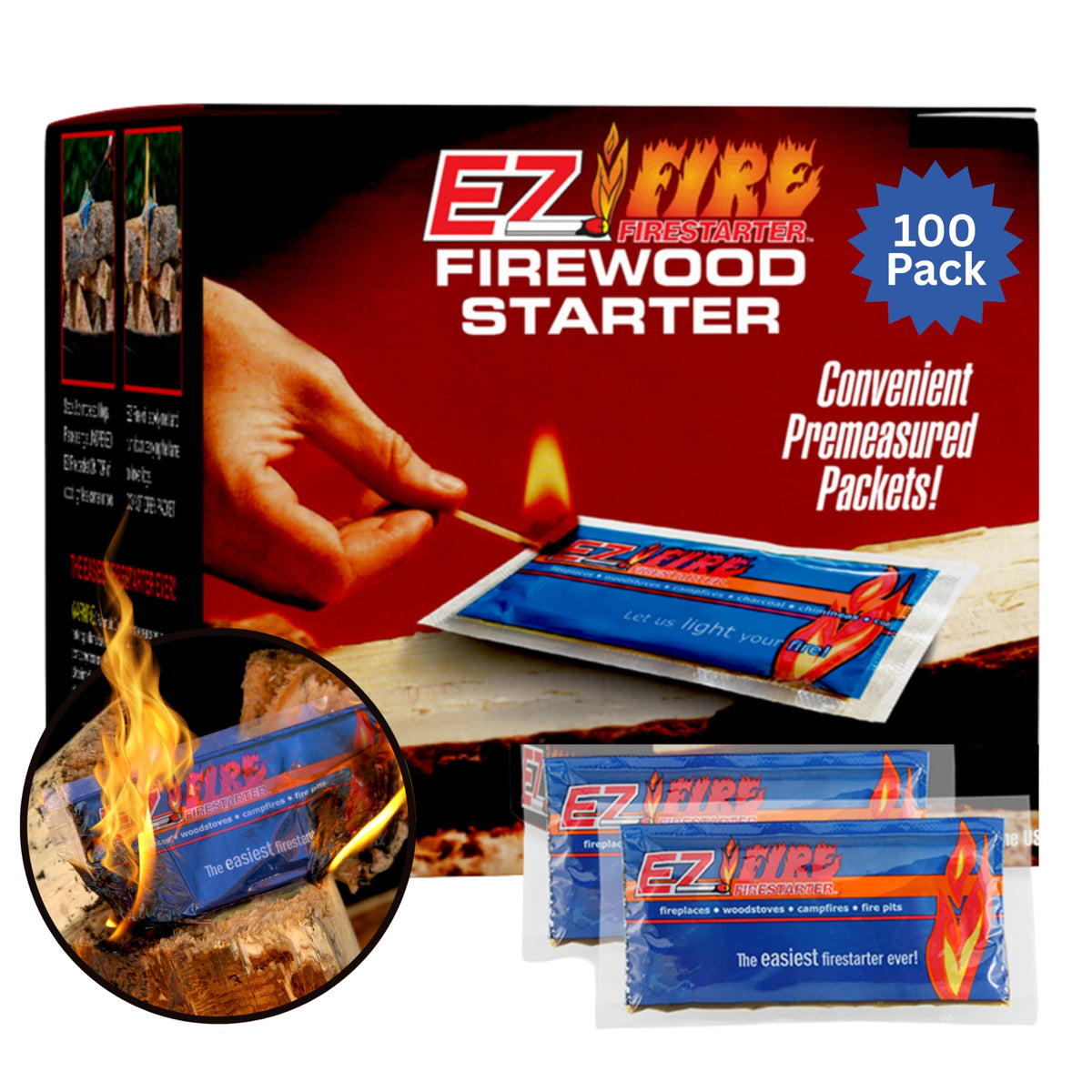 EZ Fire Firestarter 100-pack box for instant outdoor lighting.