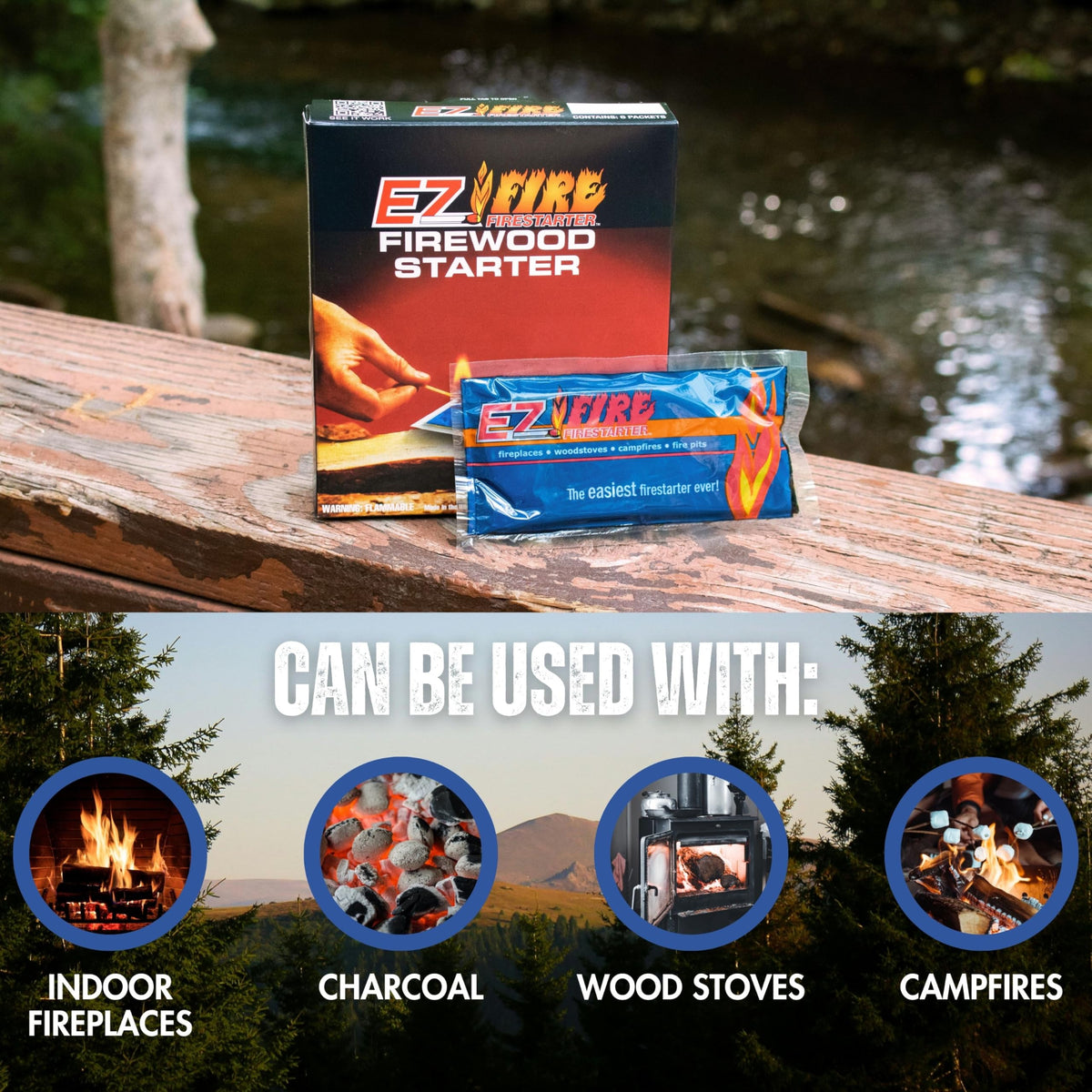 EZ Fire Firestarter ideal for indoor fireplaces and outdoor grills.