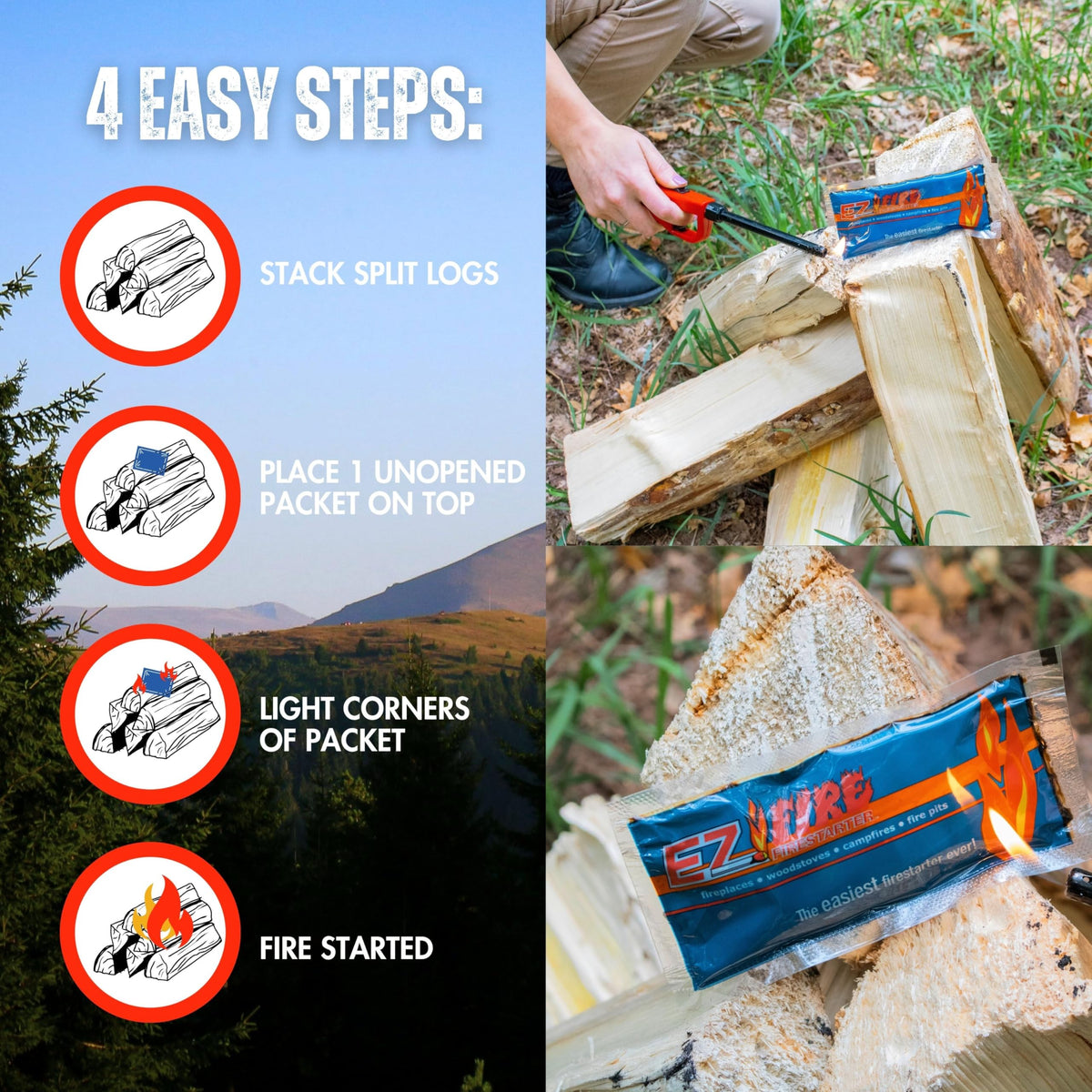 EZ Fire waterproof gel packs ensure reliable lighting in damp conditions.