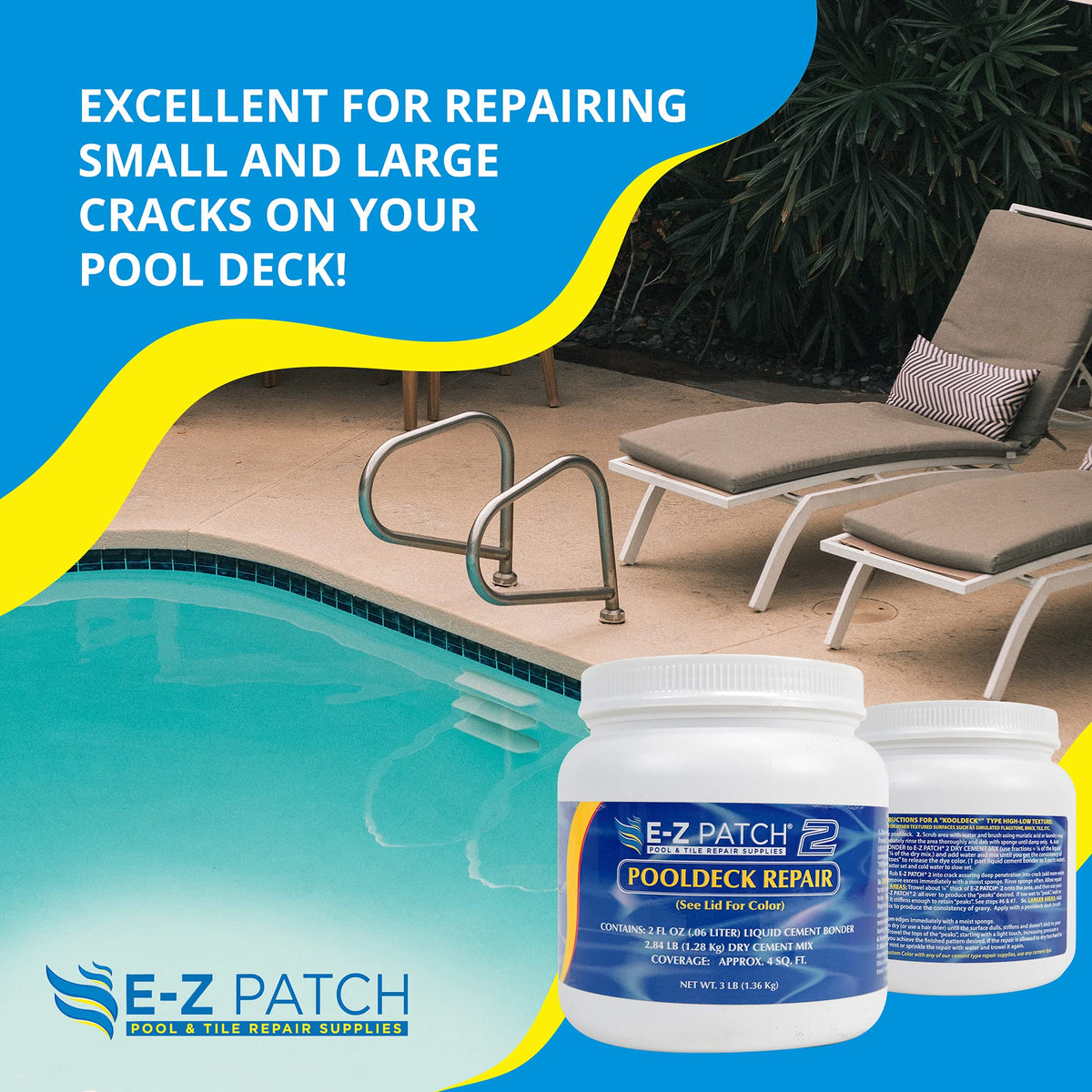 Applying EZ Patch 2 with a trowel on a pool deck surface for a seamless fix.