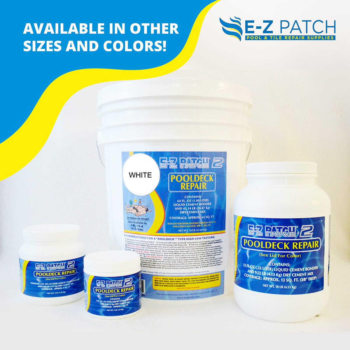 White EZ Patch 2 patch blends with cement and tiles for seamless repairs on decks.