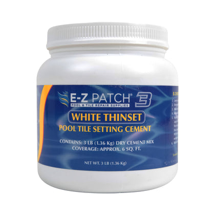 E-Z Patch 3 thinset cement bag in white for pool tile setting.