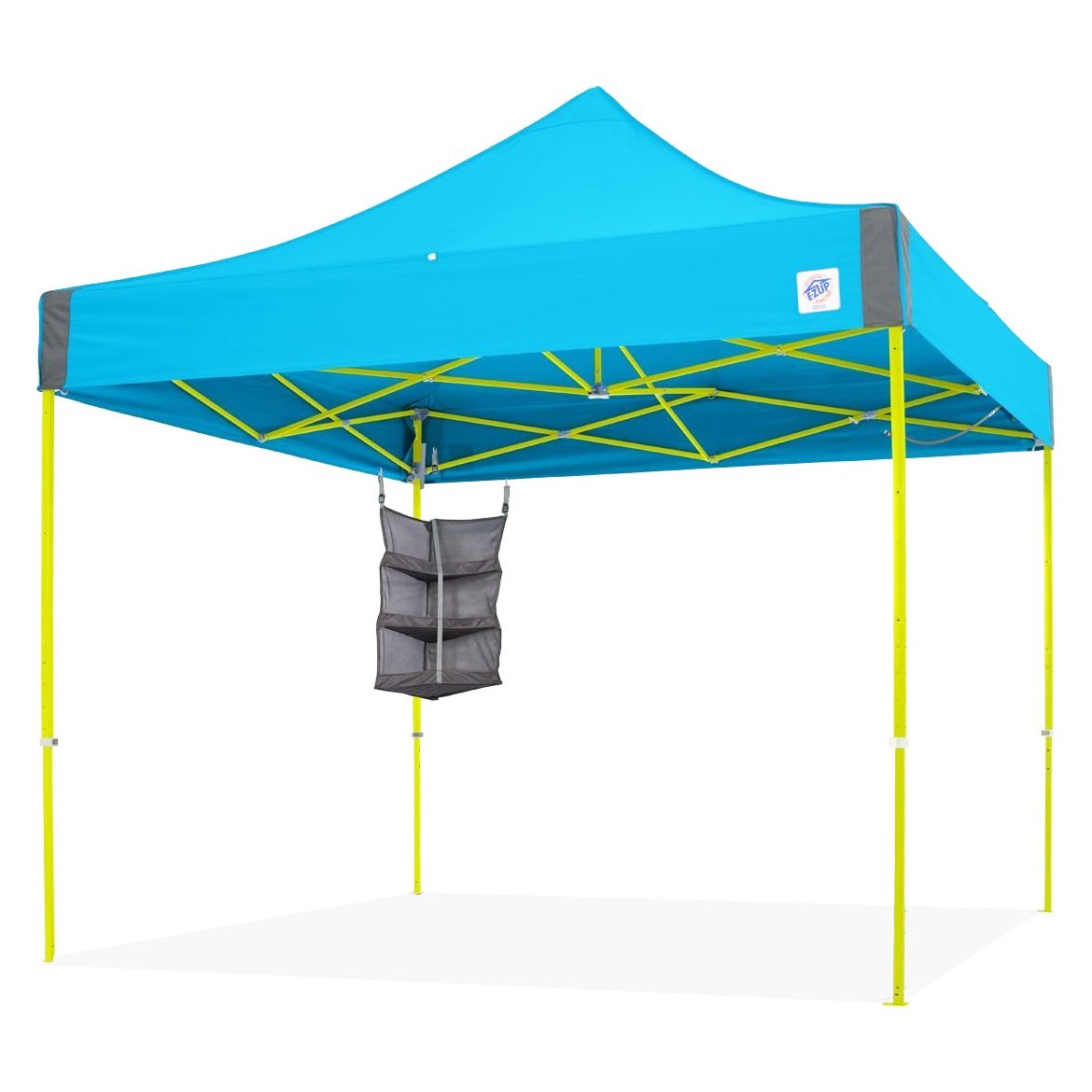 E-Z UP Gear Shelf attached via FXT clips to canopy frame.