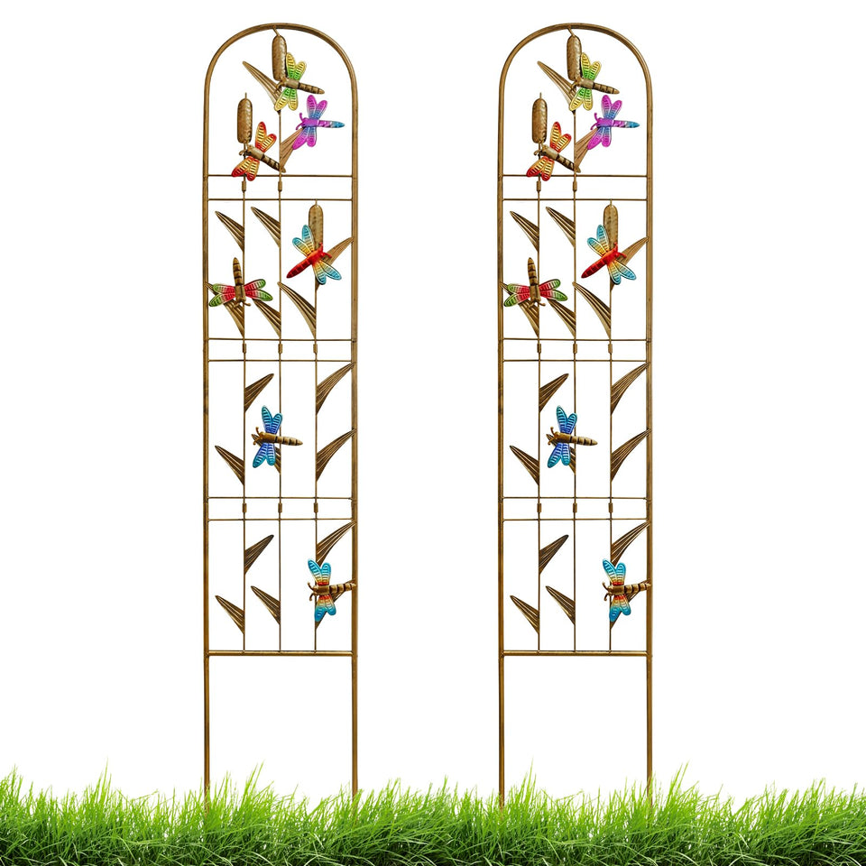 EZ4ENCE dragonflies on cattails trellis assembly provides sturdy outdoor decor.
