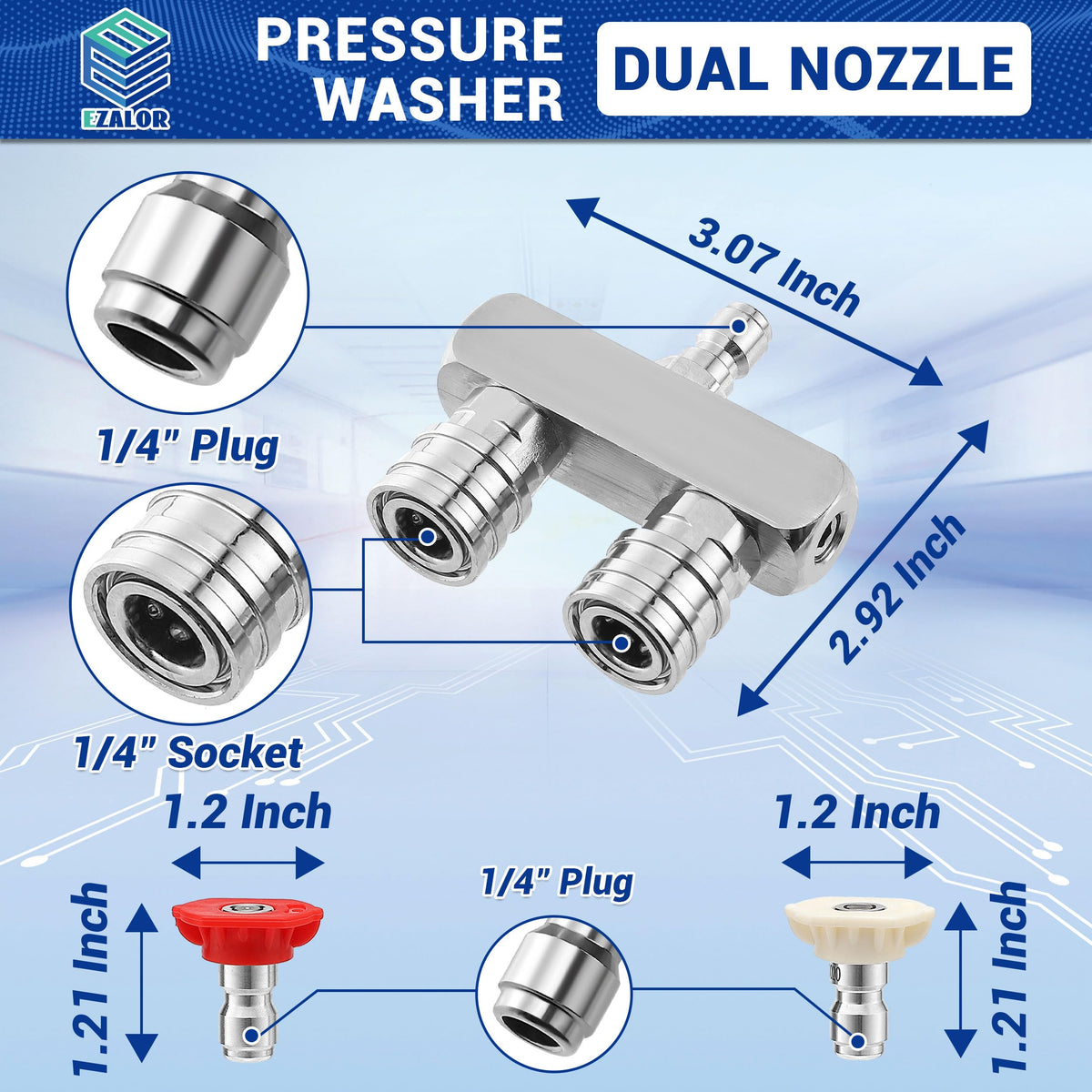 EZALOR stainless-steel nozzle tip delivers durable, leak-free performance.