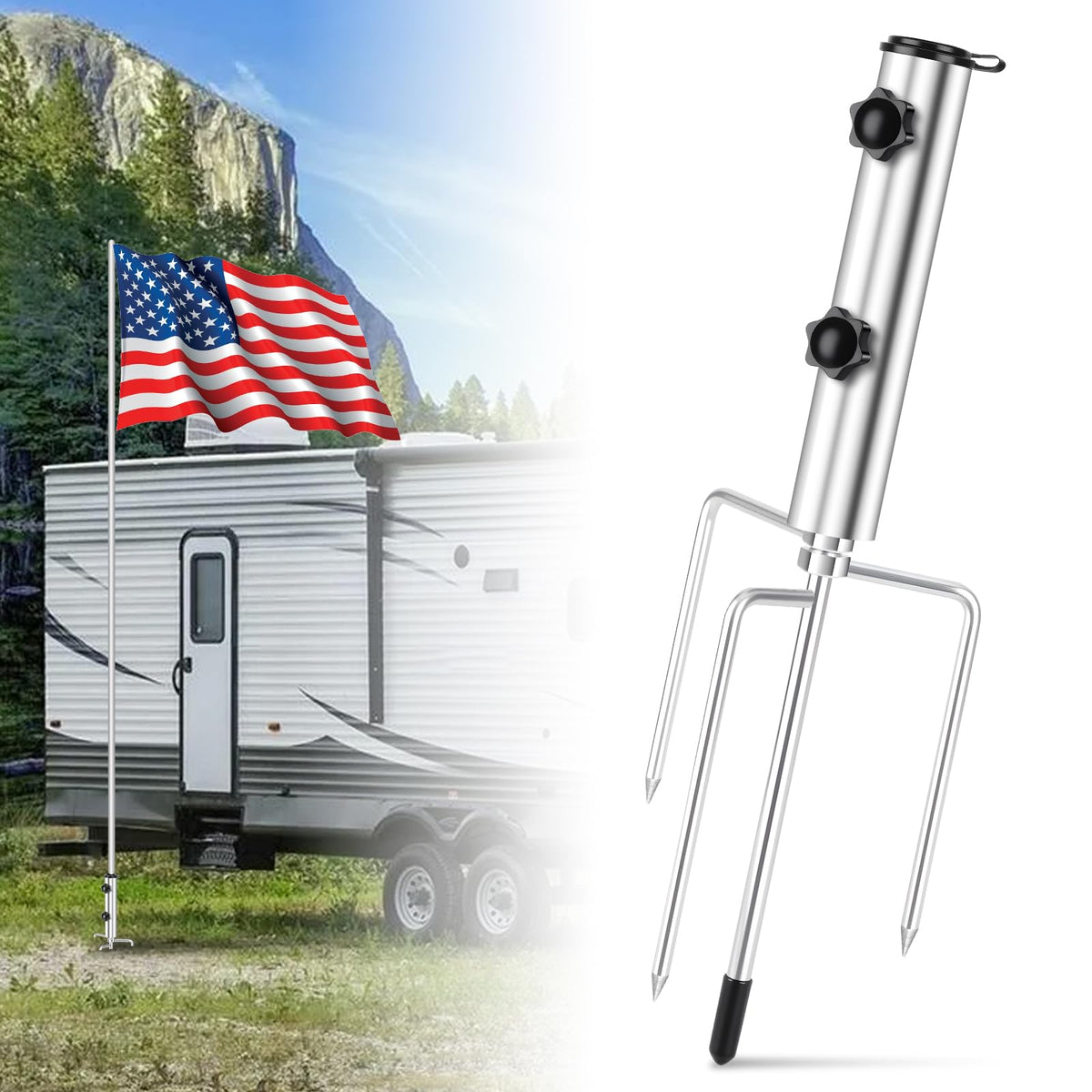 EZIRVLIFE quad-stability flag pole ground stake stabilizing displays in grass or sand.