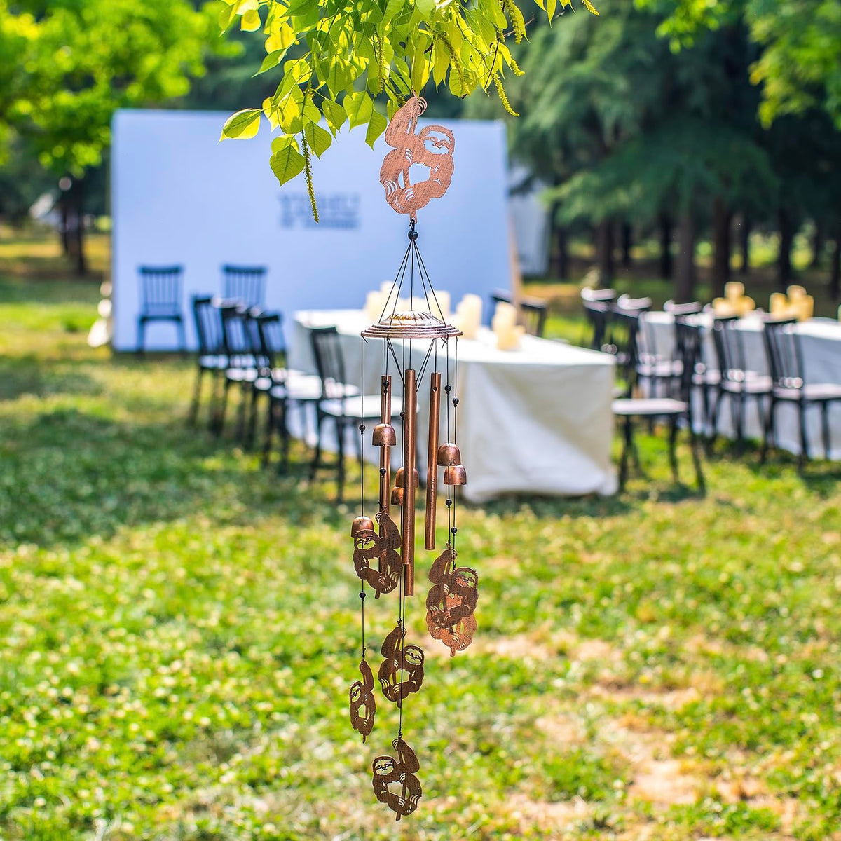EZTZEN wind chimes feature one large sloth centerpiece