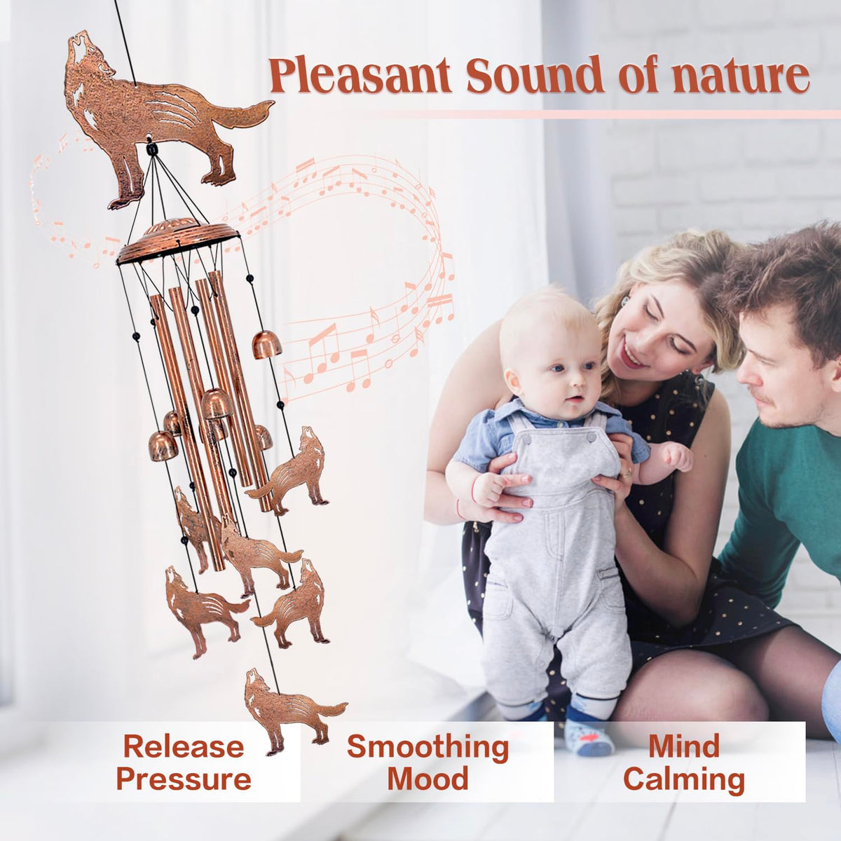 EZTZEN Wolf wind chimes close-up shows metal craftsmanship and durable tubes.