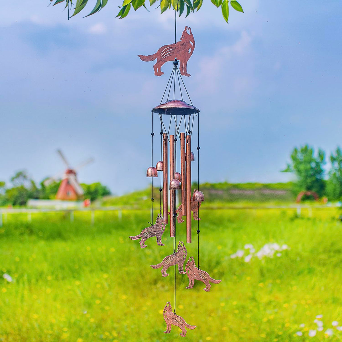EZTZEN Wolf wind chimes in garden invite relaxing, nature-inspired sounds.