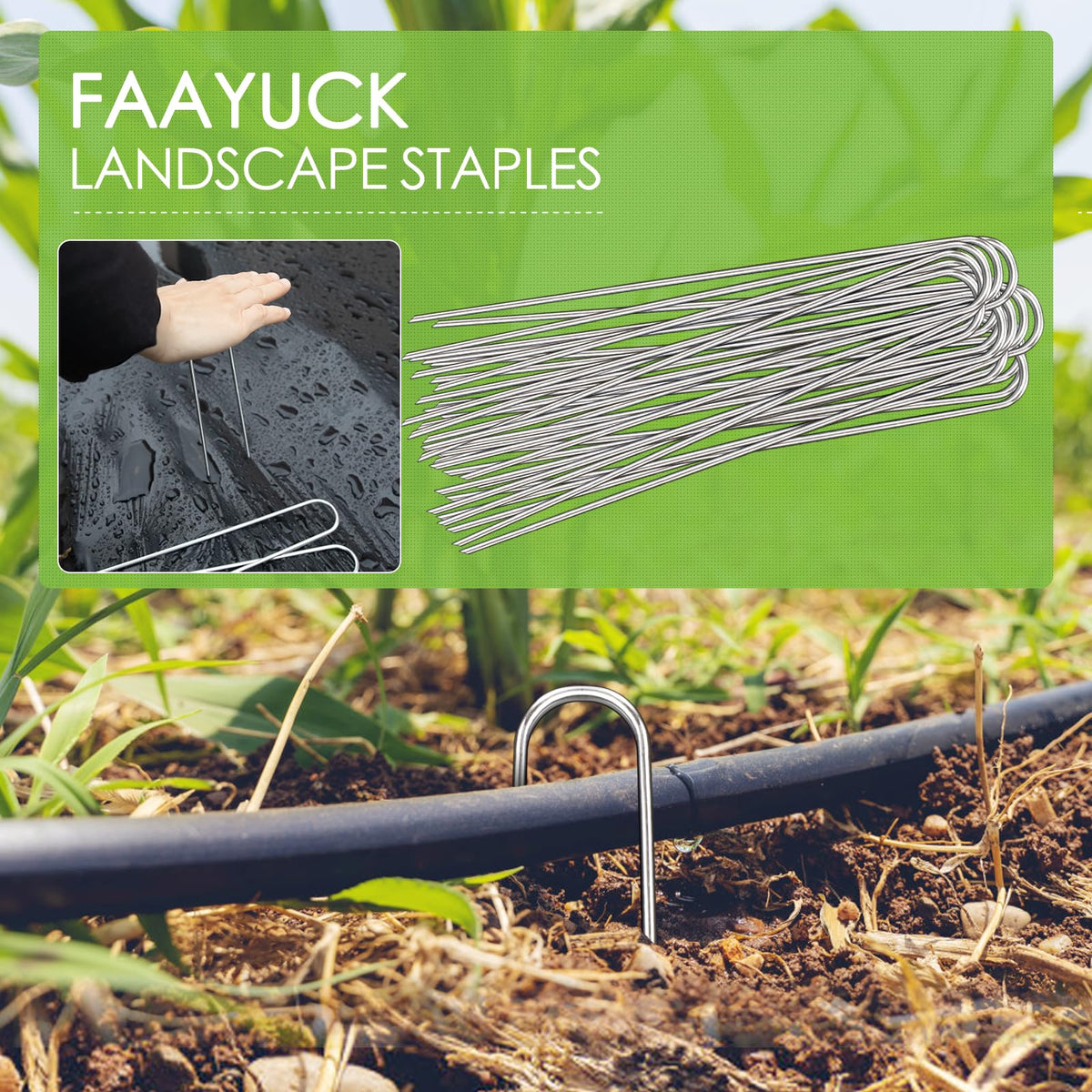 FAAYUCK 8-inch stakes holding hoses and tarps in place for a clean layout