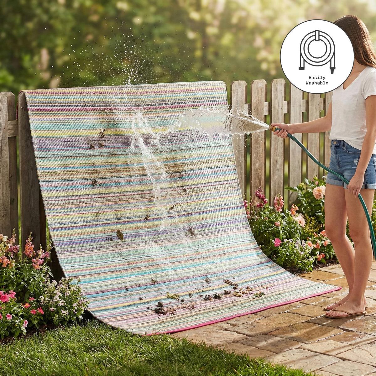 Fab Habitat Cancun Candy eco-friendly rug crafted from recycled plastic with GoodWeave certification.