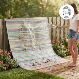 Fab Habitat Cancun Candy eco-friendly rug crafted from recycled plastic with GoodWeave certification.
