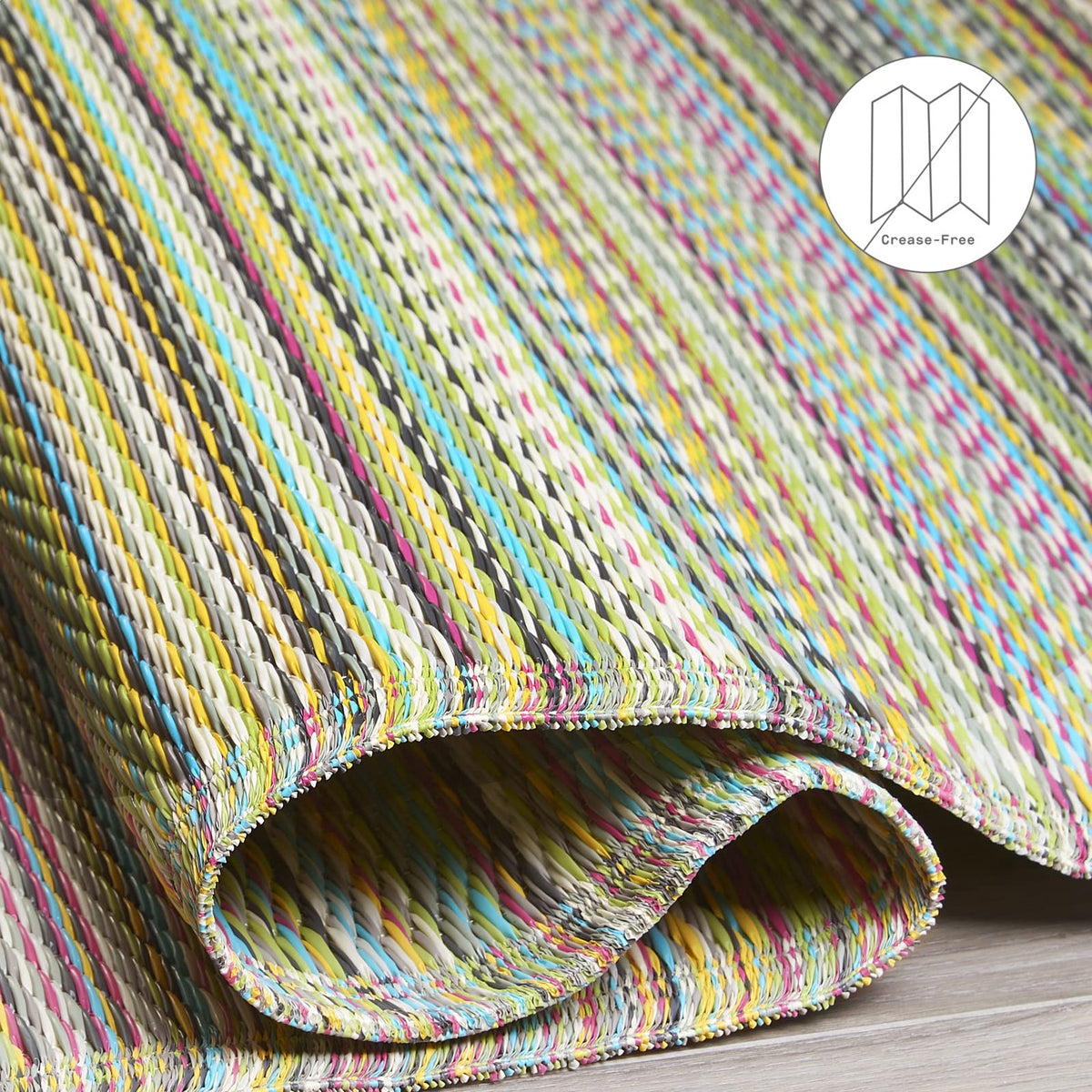 Fab Habitat Cancun Candy outdoor rug is crease-free and easy to roll for storage.