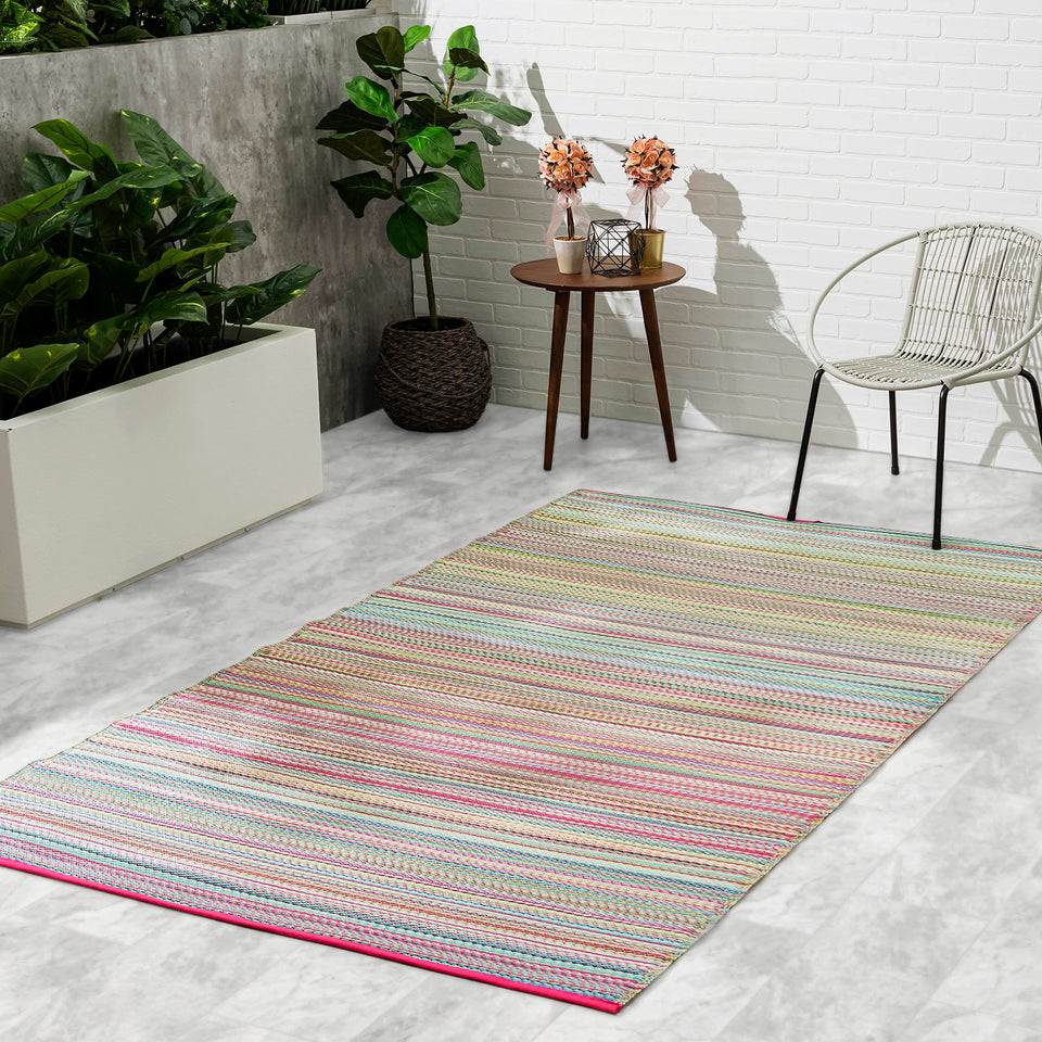 Fab Habitat Cancun Candy stripe outdoor rug for patios; waterproof and easy to clean.
