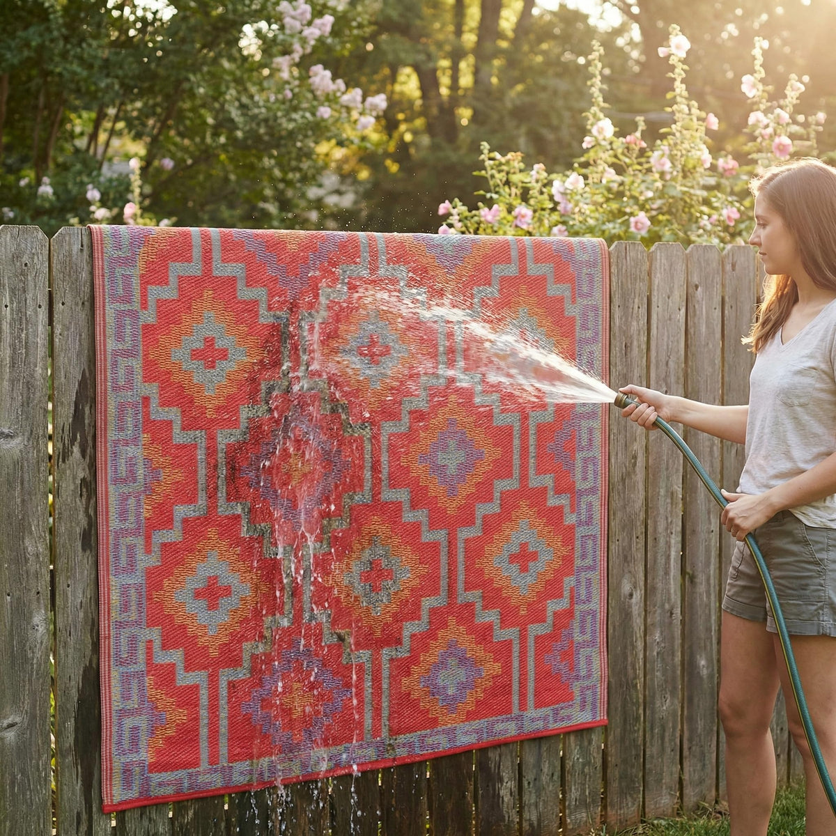 Fab Habitat Lhasa recyclable plastic rug, eco-friendly outdoor choice.