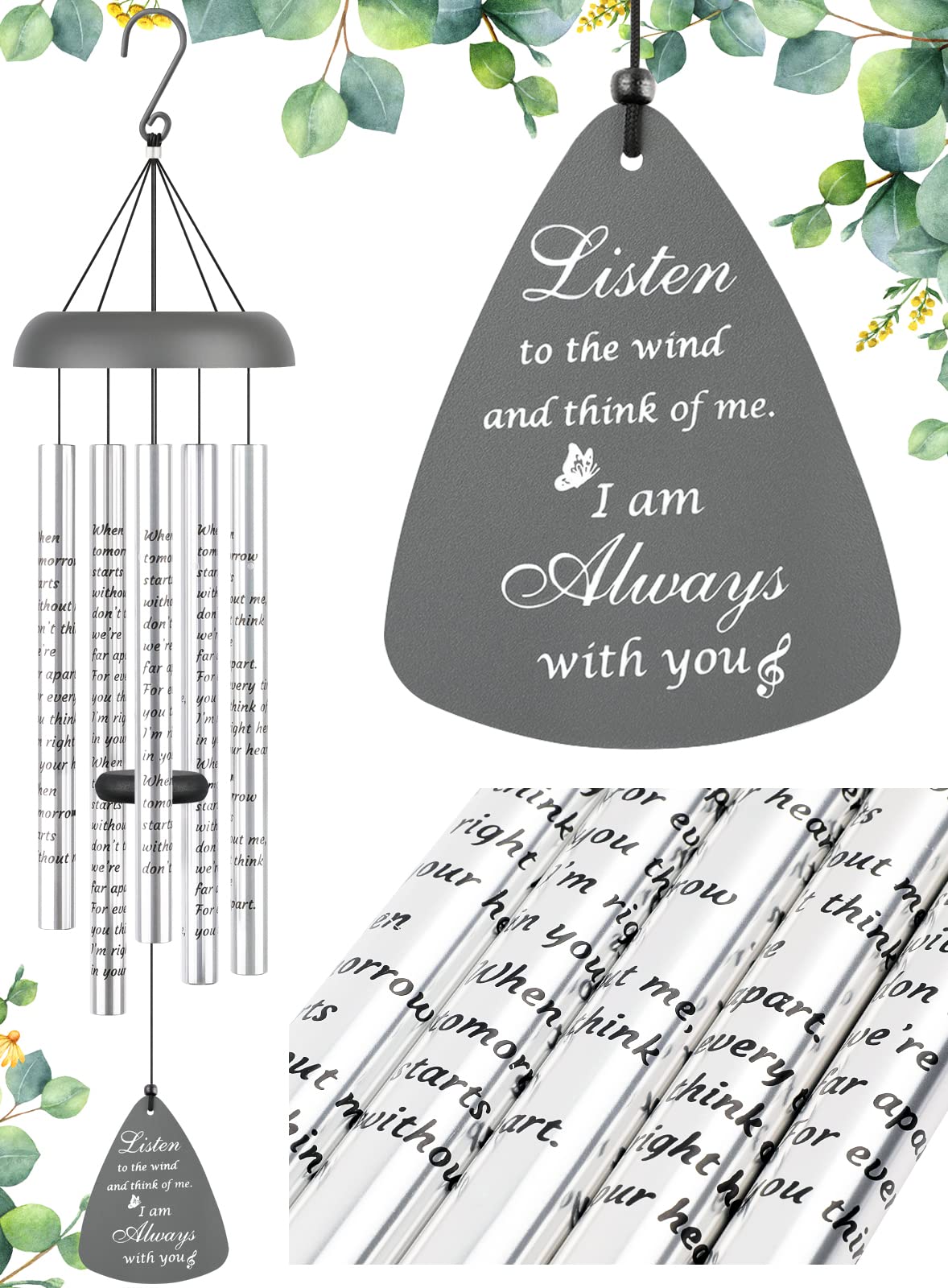 Fabuday memorial wind chimes outdoors in gray finish offering a calming remembrance.