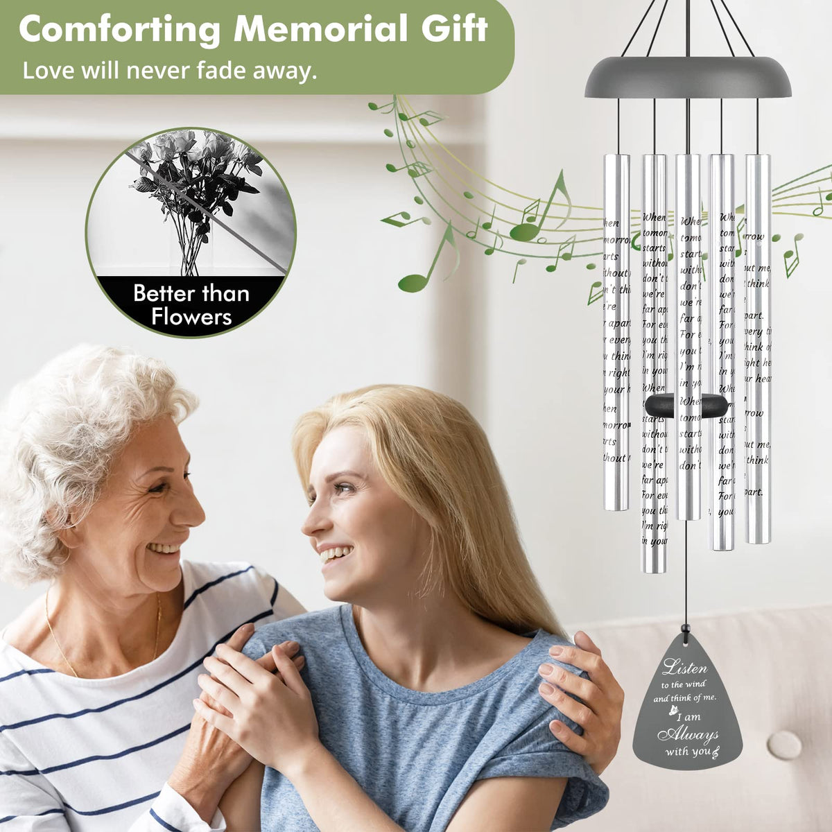 Fabuday wind chimes feature a UV-printed poem for comforting memory words.