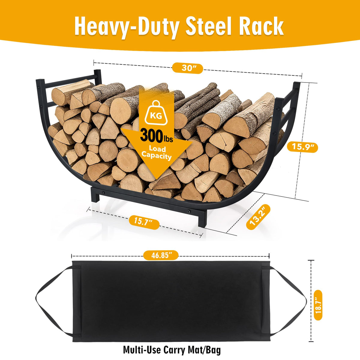 Facka curved firewood rack showing its 30-inch frame capacity