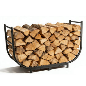 Facka curved firewood rack front view demonstrates large capacity and sturdy stability for indoor or outdoor use.