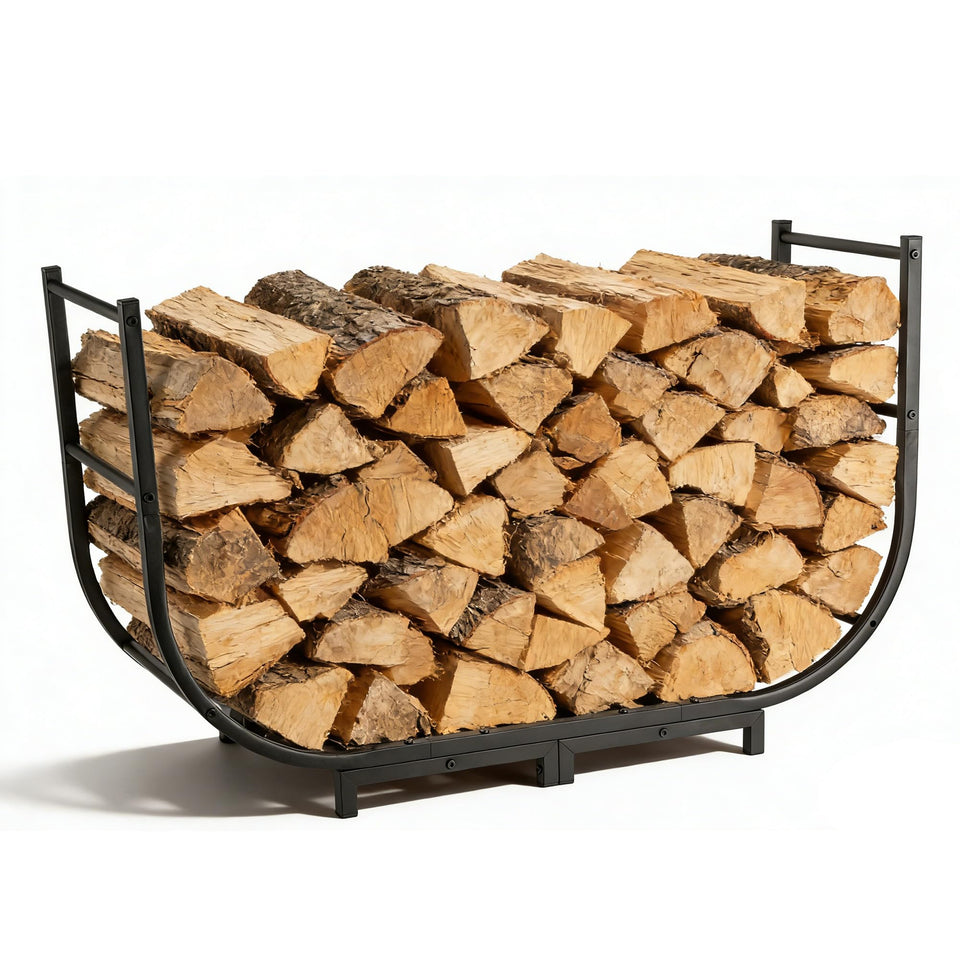 Facka curved firewood rack front view demonstrates large capacity and sturdy stability for indoor or outdoor use.