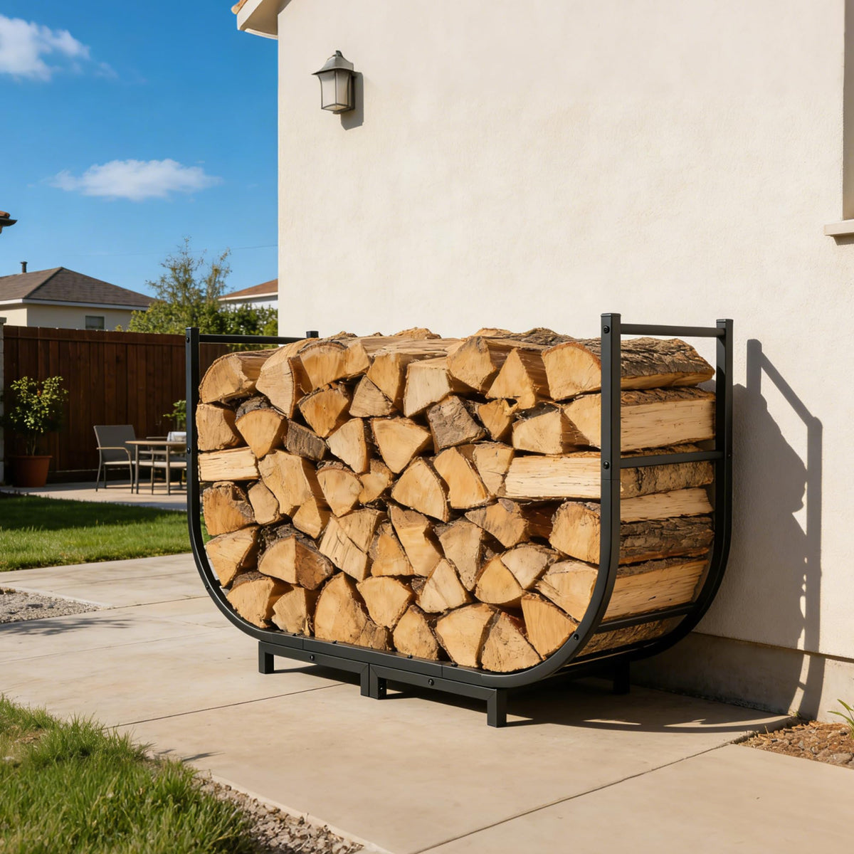 Facka curved firewood rack portable handles enable easy relocation.