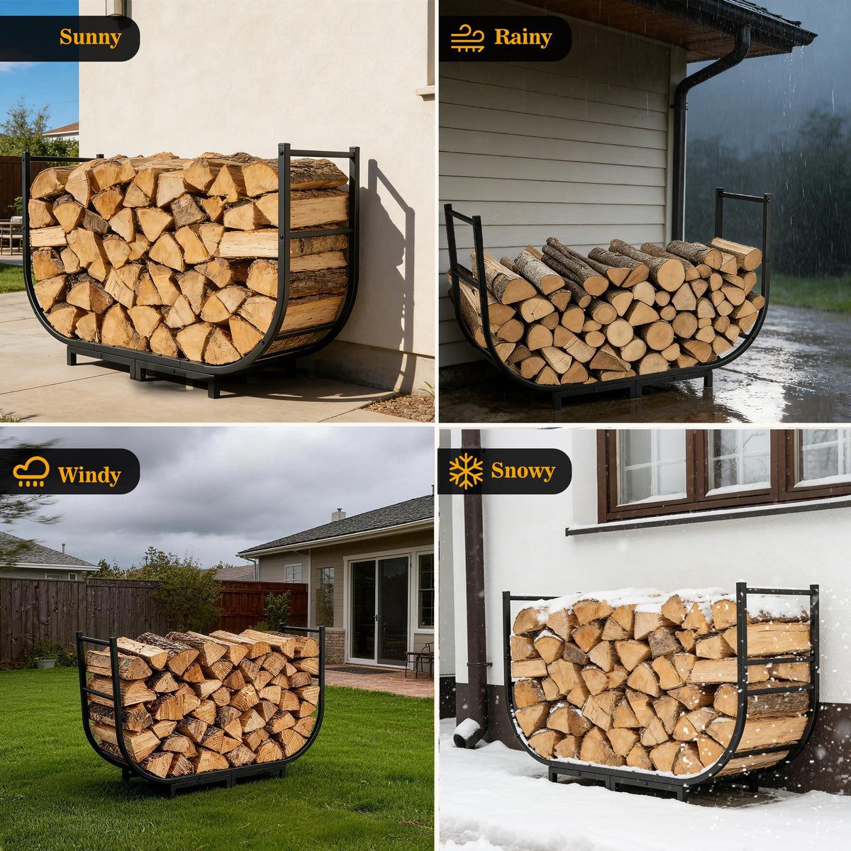 Facka curved firewood rack rustproof coating protects wood storage in moisture-prone spaces.