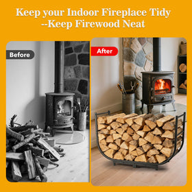 Facka curved firewood rack side view emphasizes rust resistance and slim profile for patios.