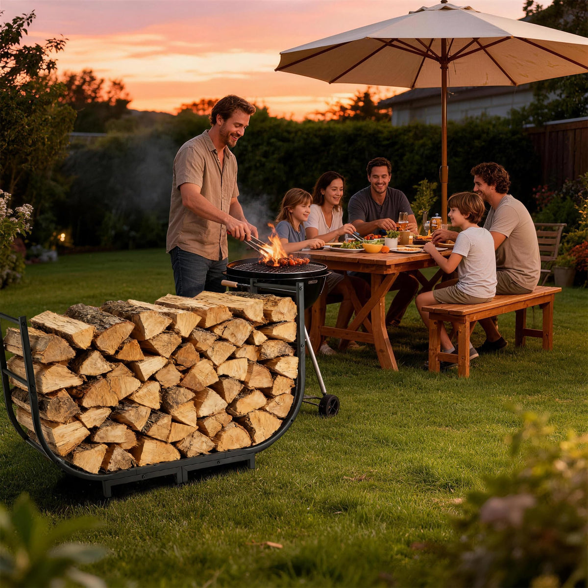 Facka curved firewood rack waterproof design stands up to rain and splashes.